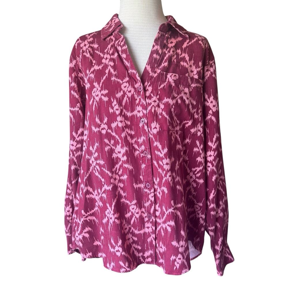KNOX ROSE Shirt/Blouse Long Slv Button Linen Feel Floral Oversized M Flowy NWT